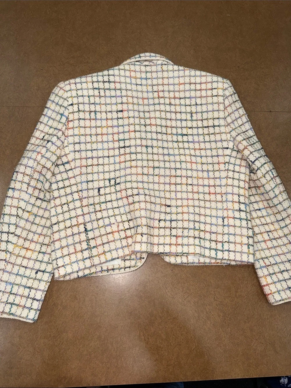 Henry Lee Ivory Tweed Two-Piece Skirt Suit Set with Multicolor Grid & Belt •10